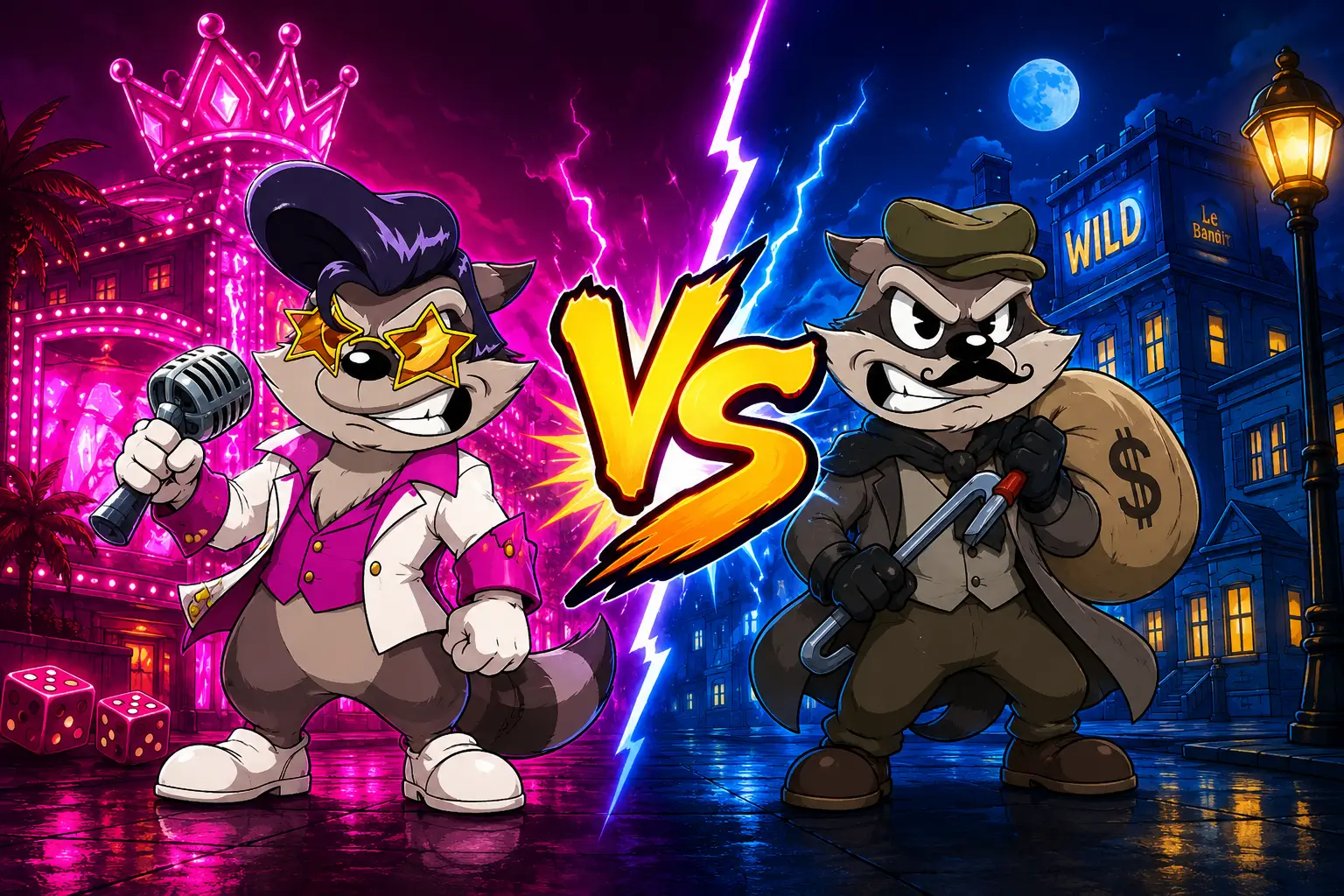 Le King (left, pink Vegas neon with Elvis raccoon) versus Le Bandit (right, blue night heist with masked raccoon bandit) - Hacksaw Gaming slot matchup