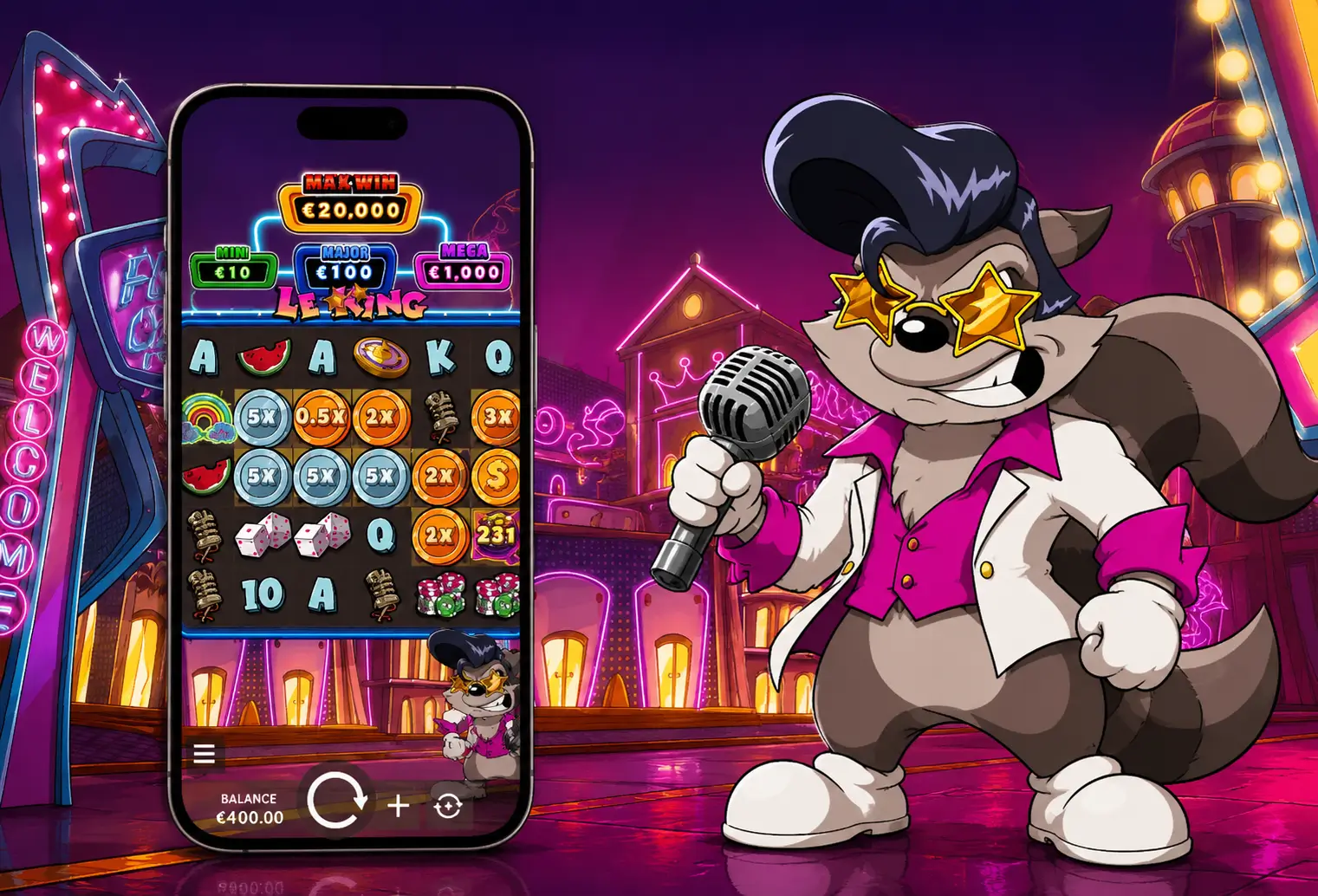 Le King slot running on an iPhone screen, raccoon mascot standing beside the phone with Flam City neon backdrop