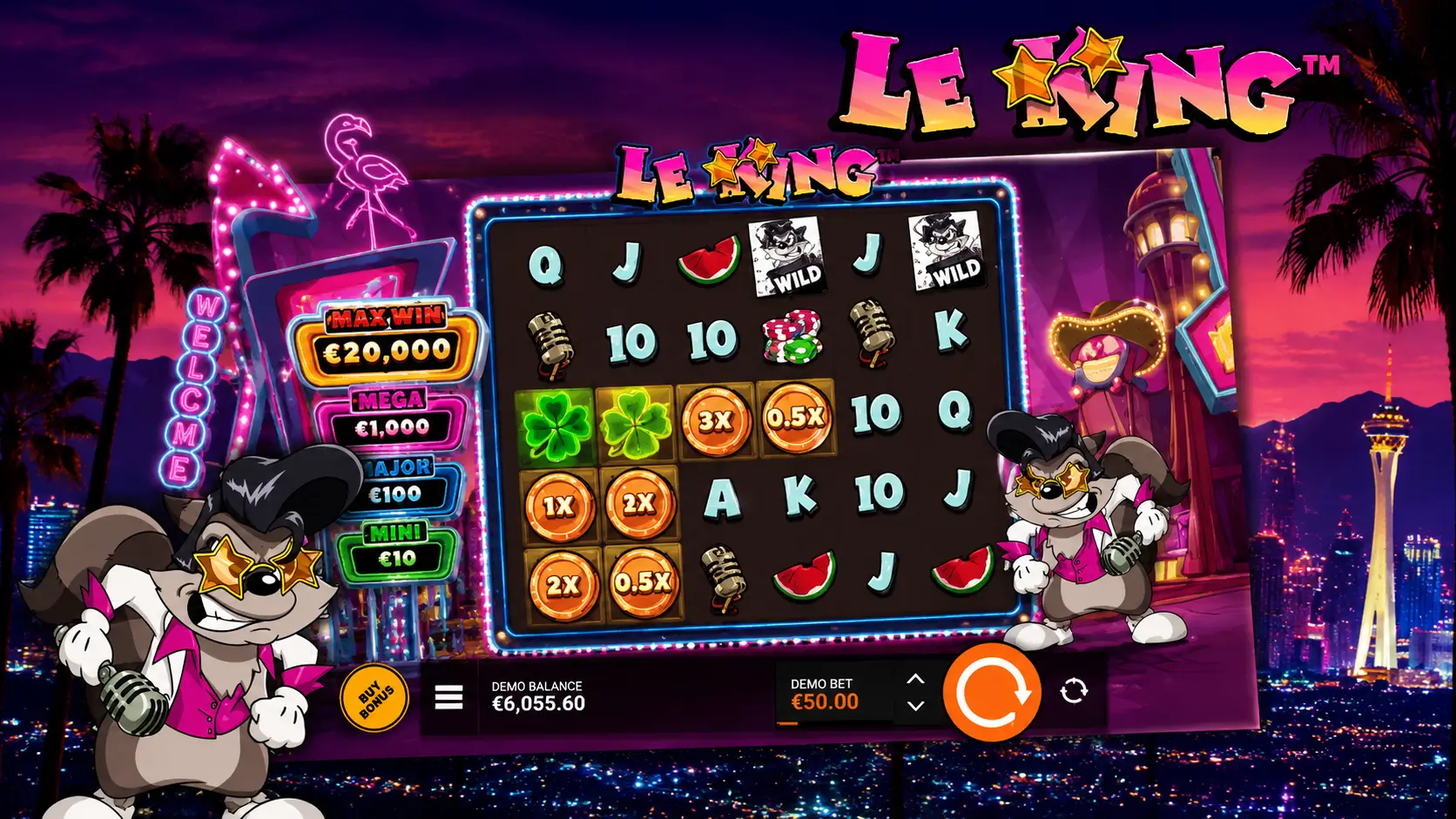 Le King FeatureSpins round on Vegas skyline with x3, x2, x1, x0.5 multipliers across the grid