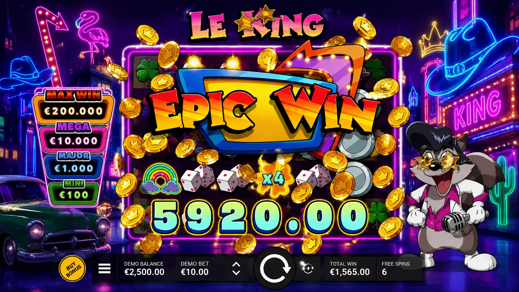 Le King Epic Win celebration paying 5920 euros at 10 euro stake with 6 free spins remaining