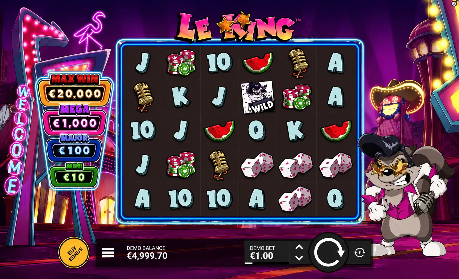 Le King base game 6x5 grid with four-tier jackpot panel and Wild symbol