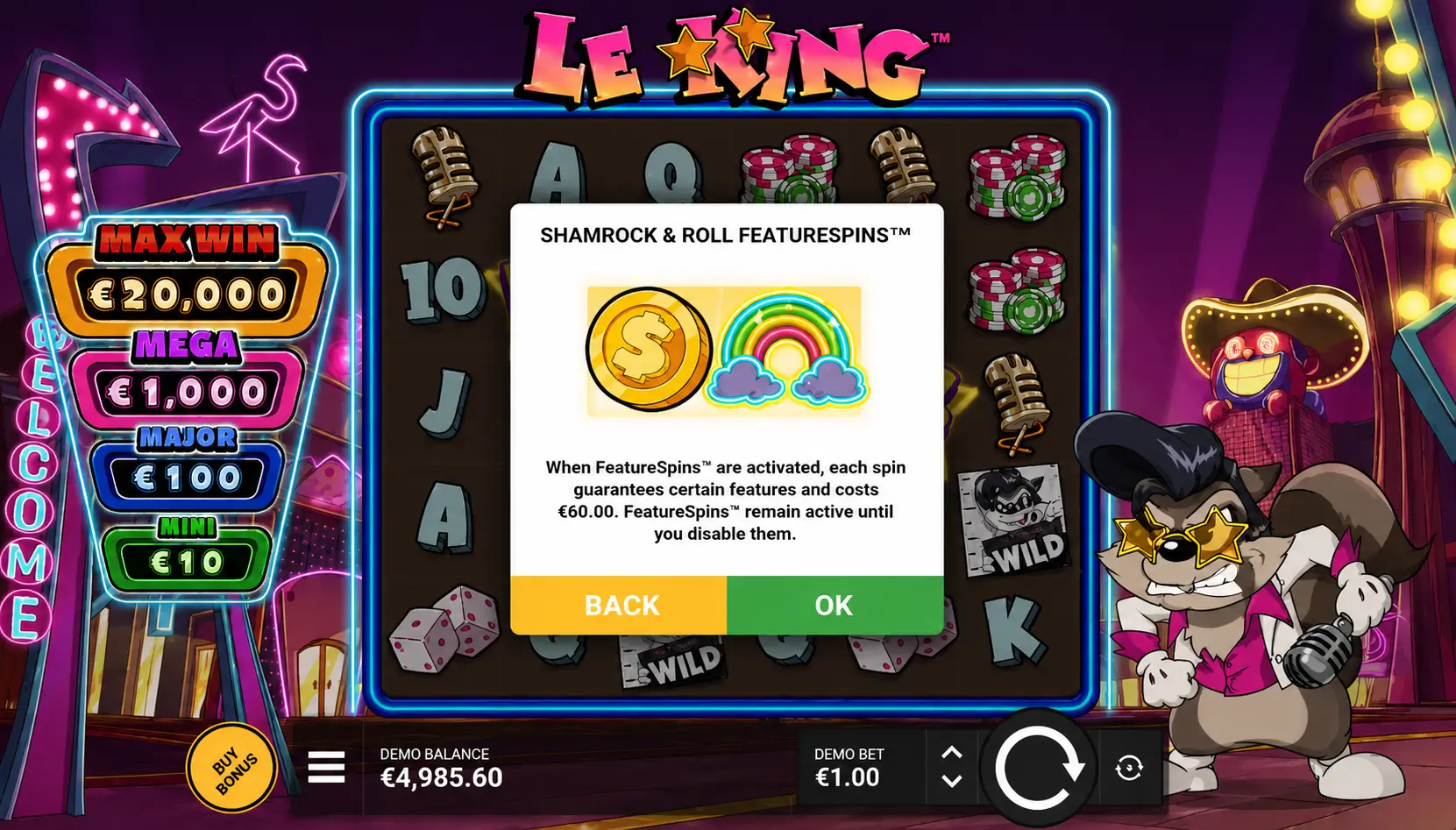 Le King Shamrock and Roll FeatureSpins bonus buy menu with 60 euro cost