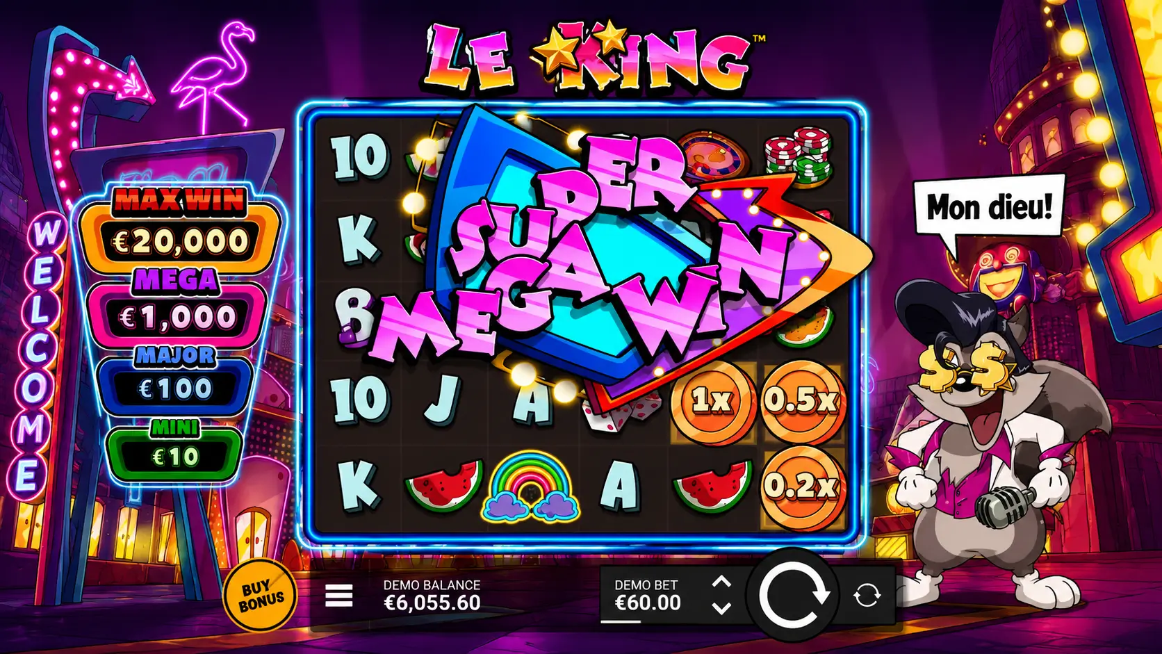 Le King Super Mega Win celebration with x1, x0.5, x0.2 multiplier coins on screen
